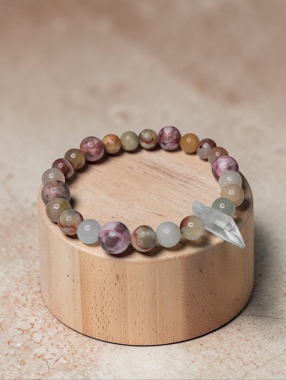 Multicolor Agate Beaded Bracelet with Clear Crystal Charm